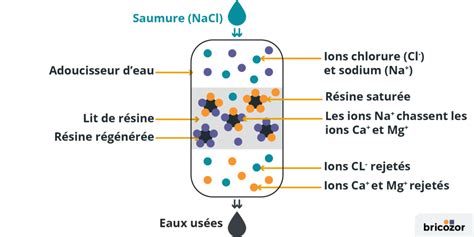 Diagramme illustrant le principe d'échange d'ions dans un adoucisseur d'eau