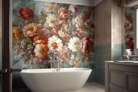 Salle de bain avec papier peint floral