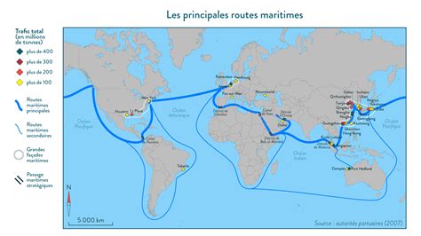 Carte du monde montrant les principales routes maritimes et aériennes passant par Singapour
