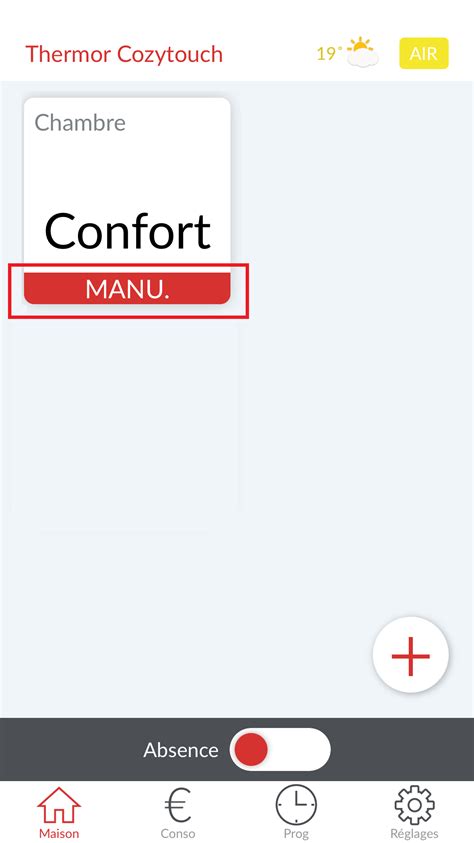 Interface de l'application Thermor Cozytouch sur un smartphone