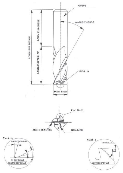 Schéma d'une fraise avec indication de l'angle de denture