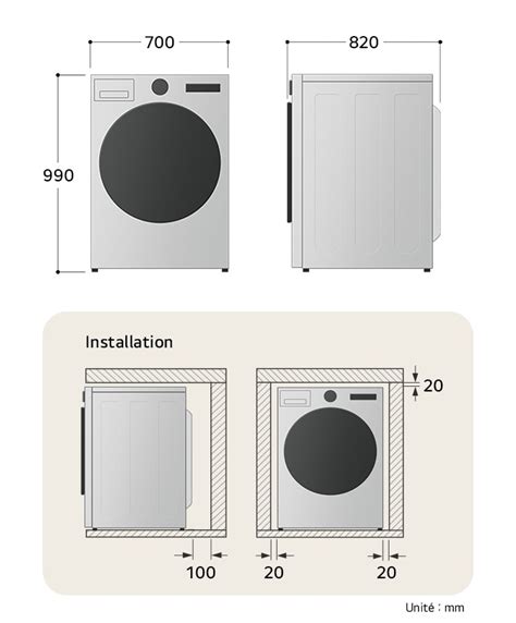 Diagramme des dimensions d'installation d'un sèche-linge