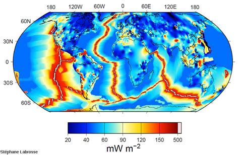 Carte du monde illustrant les variations du flux géothermique à la surface de la Terre.