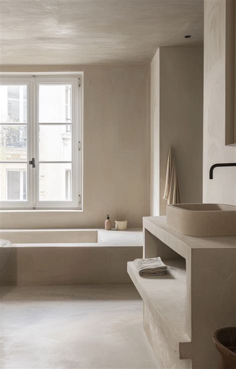 Image d'une salle de bain moderne avec un sol en béton ciré et un plancher chauffant