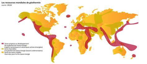 Carte du monde montrant les régions riches en potentiel géothermique