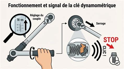 Schéma de fonctionnement d'une clé dynamométrique avec indication du couple.
