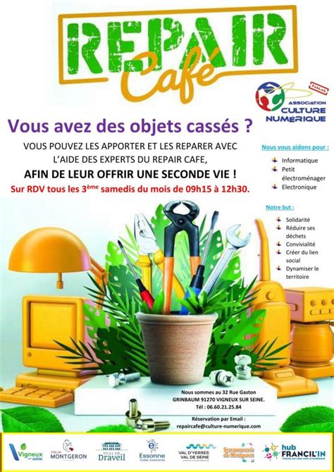 Une affiche colorée annonçant un Repair Café