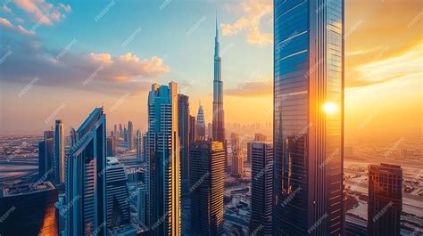 Paysage urbain de Dubaï avec le Burj Khalifa au coucher du soleil