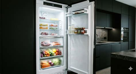 Image d'un congélateur armoire moderne ouvert, montrant des tiroirs transparents et des aliments bien organisés