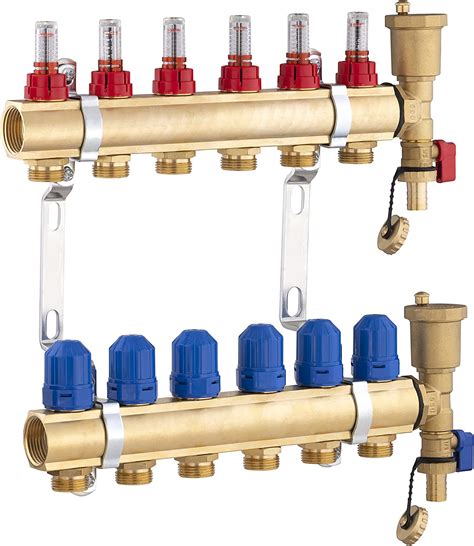 Vue éclatée d'un collecteur de plancher chauffant avec débitmètres
