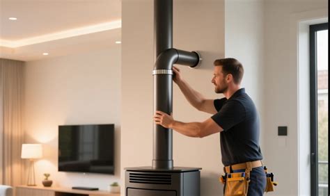 Chauffagiste en train d'installer un poêle à granulés