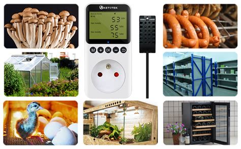 Illustration montrant différentes applications d'un hygrostat (maison, serre, entrepôt)