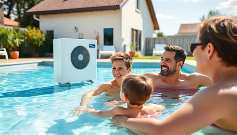 Une famille profitant d'une piscine chauffée par une pompe à chaleur par une journée ensoleillée mais fraîche