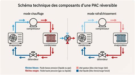 Diagramme illustrant le cycle inversé d'une pompe à chaleur réversible en mode été