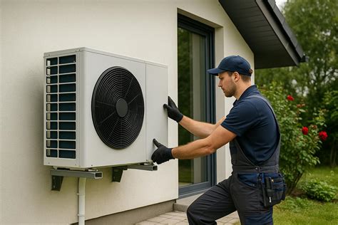 Installateur de pompe à chaleur travaillant sur une unité extérieure