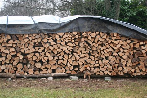 Bois de chauffage empilé et couvert par une bâche