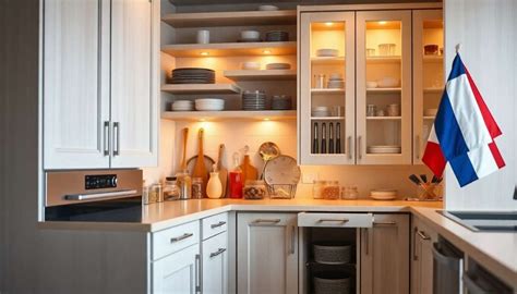 Une cuisine avec des placards ouverts montrant des bocaux de bicarbonate de soude