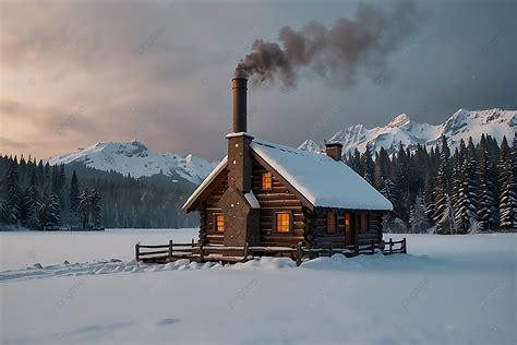 Une maison avec une cheminée fumante en hiver