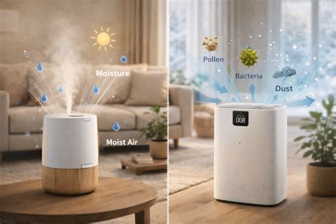 Infographie montrant l'interaction entre humidificateur, purificateur d'air et aspirateur robot