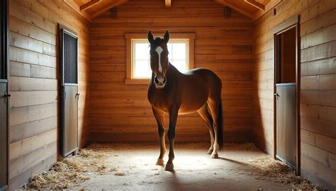 Cheval dans un box propre avec litière de chanvre