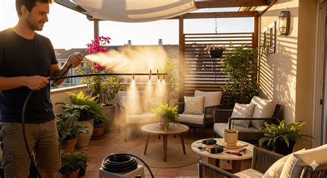 Clients profitant d'une terrasse rafraîchie par un brumisateur