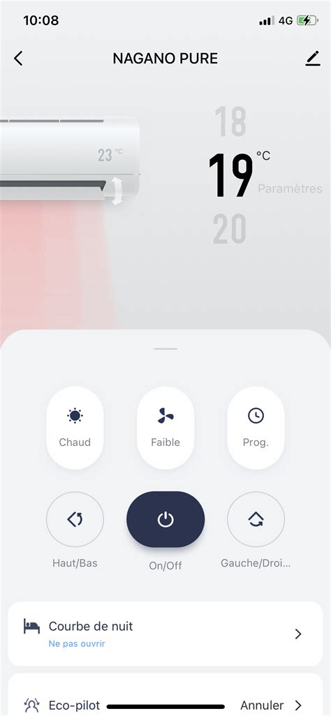 Interface de l'application HomeWhiz pour climatiseur
