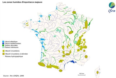 Carte montrant la répartition des zones humides en France