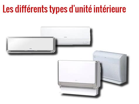 Différents types d'unités intérieures de climatisation : murale, console, cassette