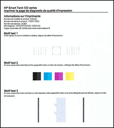 Page de test d'impression avec lignes manquantes
