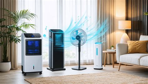 Ensemble d'appareils pour rafraîchir une pièce : ventilateur, rafraîchisseur, climatiseur mobile