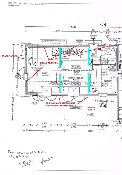 Plan de RDC avec aérations du vide sanitaire en rouge