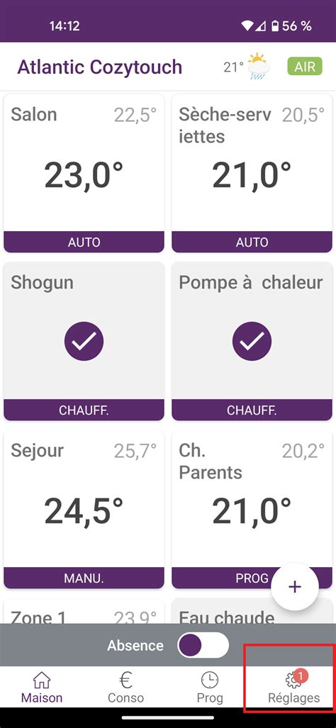 Interface de l'application Cozytouch sur smartphone