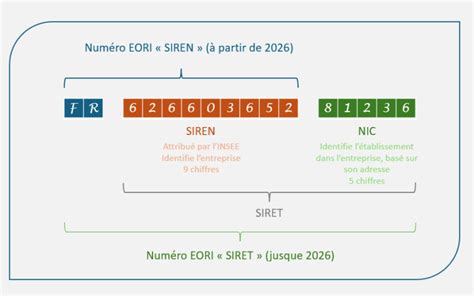 Schéma expliquant les différents numéros d'identification d'entreprise : SIREN, SIRET, TVA, EORI