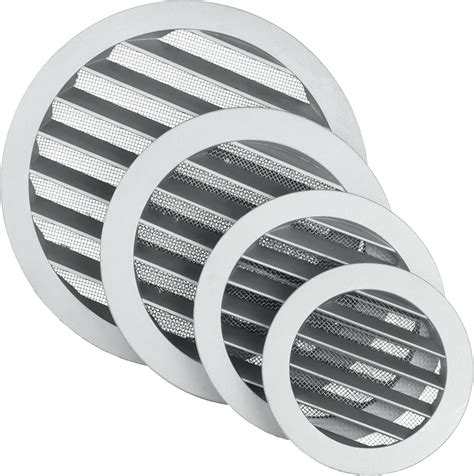 Photographie de différentes grilles de ventilation aux designs variés : ronde, rectangulaire, en aluminium brossé, en PVC blanc.