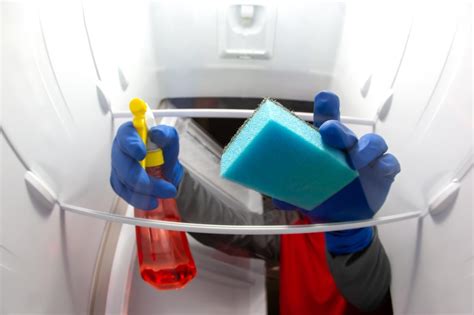 Nettoyage d'un réfrigérateur avec une éponge et un spray