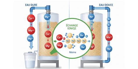Diagramme représentant le fonctionnement d'un adoucisseur d'eau à échange d'ions