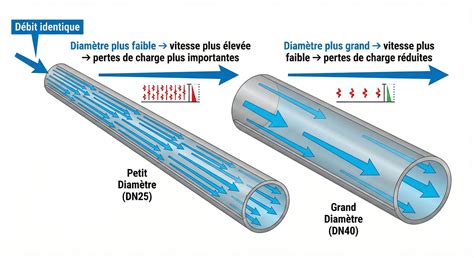 Graphique illustrant la relation entre débit, perte de charge et puissance thermique