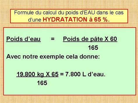 Schéma expliquant le calcul du taux d'hydratation d'une pâte