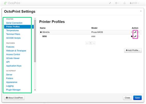 Interface des paramètres de profil d'imprimante dans OctoPrint