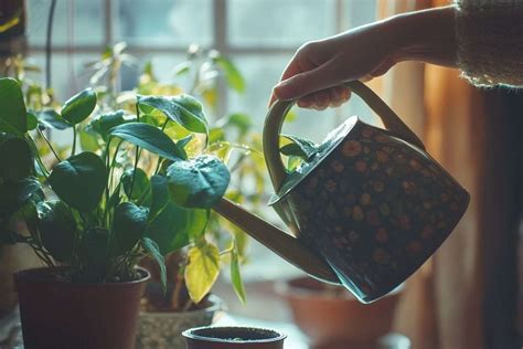 Main arrosant une plante d'intérieur avec un arrosoir