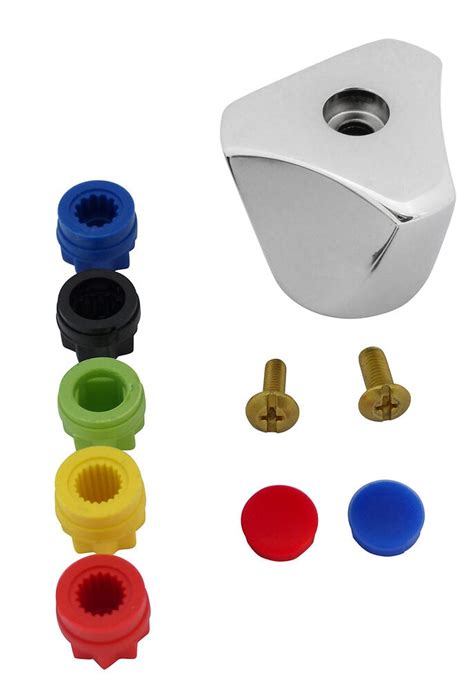 Illustration de différentes pièces de robinetterie, dont une poignée croisillon rouge